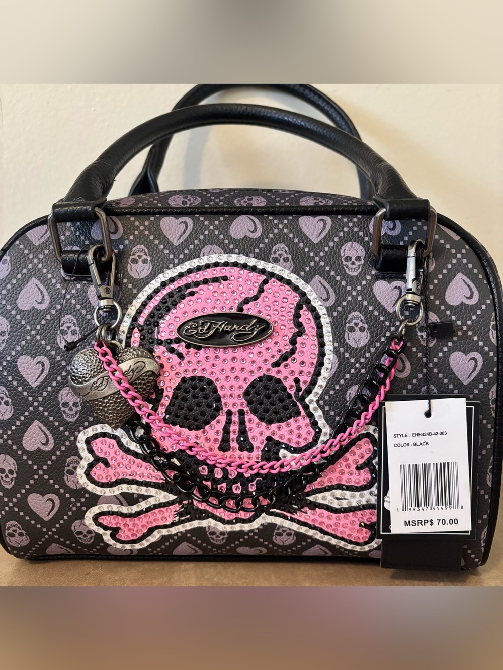 Ed Hardy Skull & Hearts Studded Dome Satchel in black with pink accents. New!!!